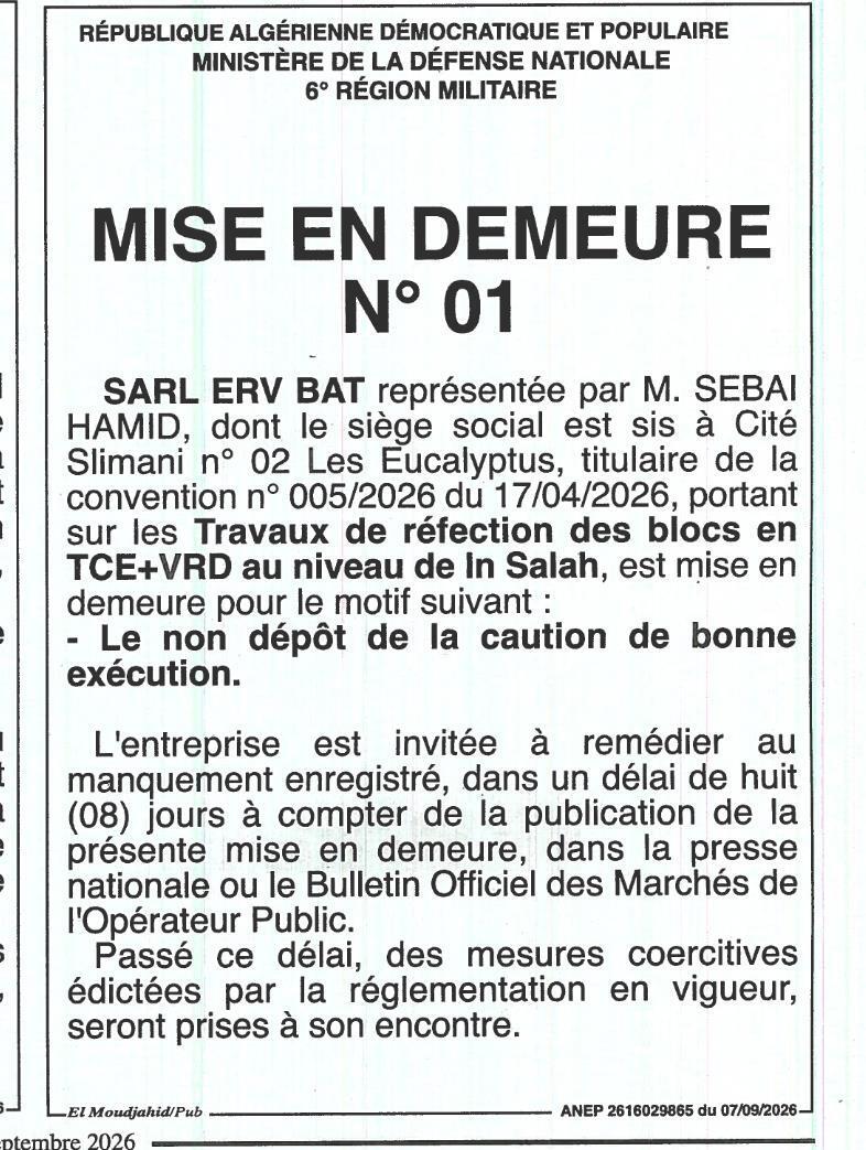 Mise en demeure pour non dépôt de caution de bonne exécution des travaux de réfection des blocs en TCE+VRD à In Salah