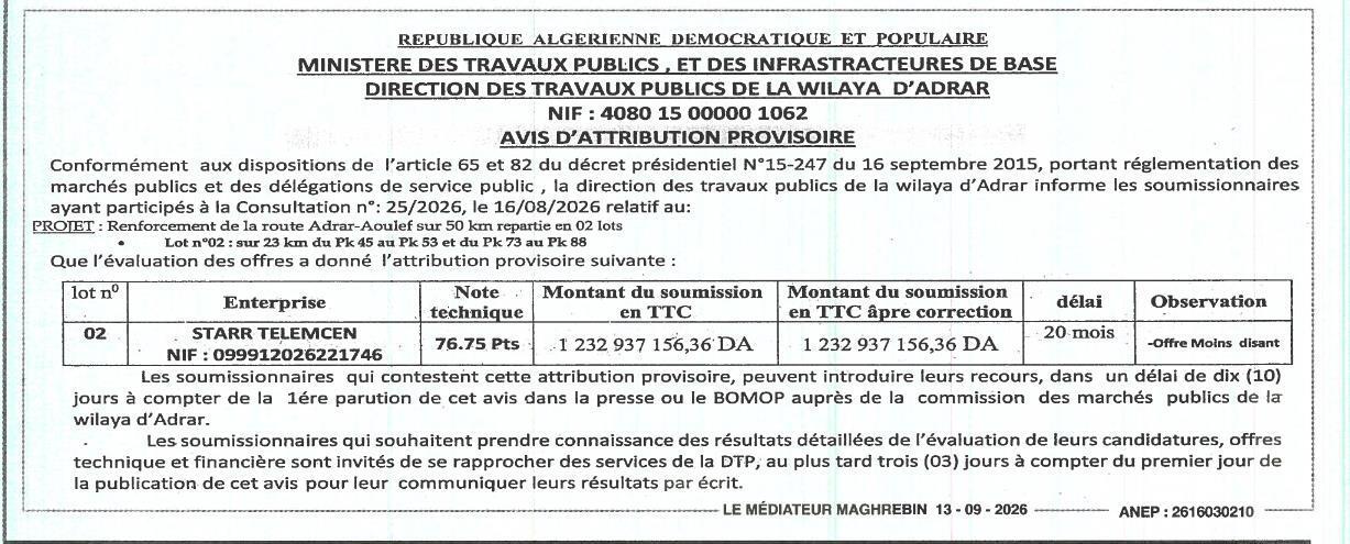 Avis d'attribution provisoire - Renforcement de la route Adrar-Aoulef (Lot n°02)