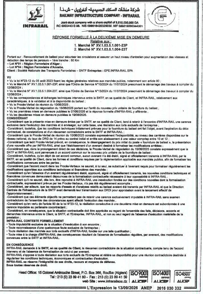 Réponse formelle à la deuxième mise en demeure relative aux marchés de renouvellement de ballast