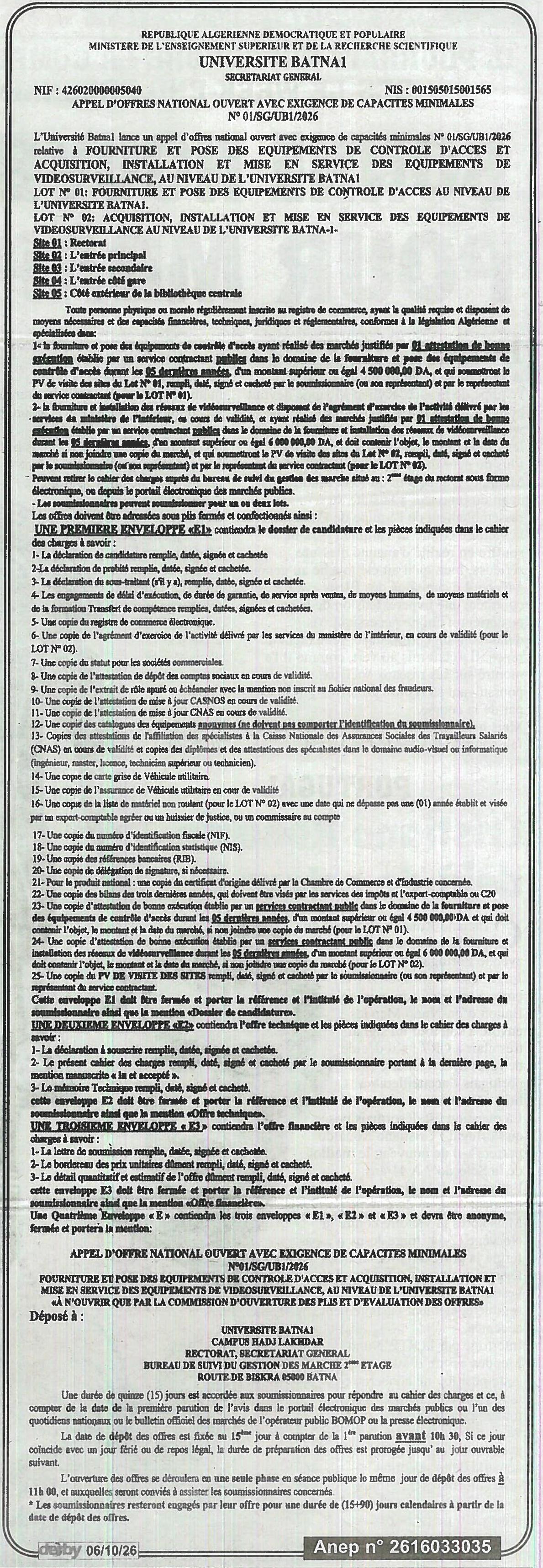 Fourniture, pose et installation d'équipements de contrôle d'accès et de vidéosurveillance à l'Université Batnaï