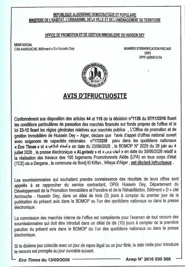 Avis d'infructuosité pour la réalisation de 100 logements promotionnels aidés (LPA) en tous corps d'état (TCE) à Dergana, commune de Bordj El Kiffan