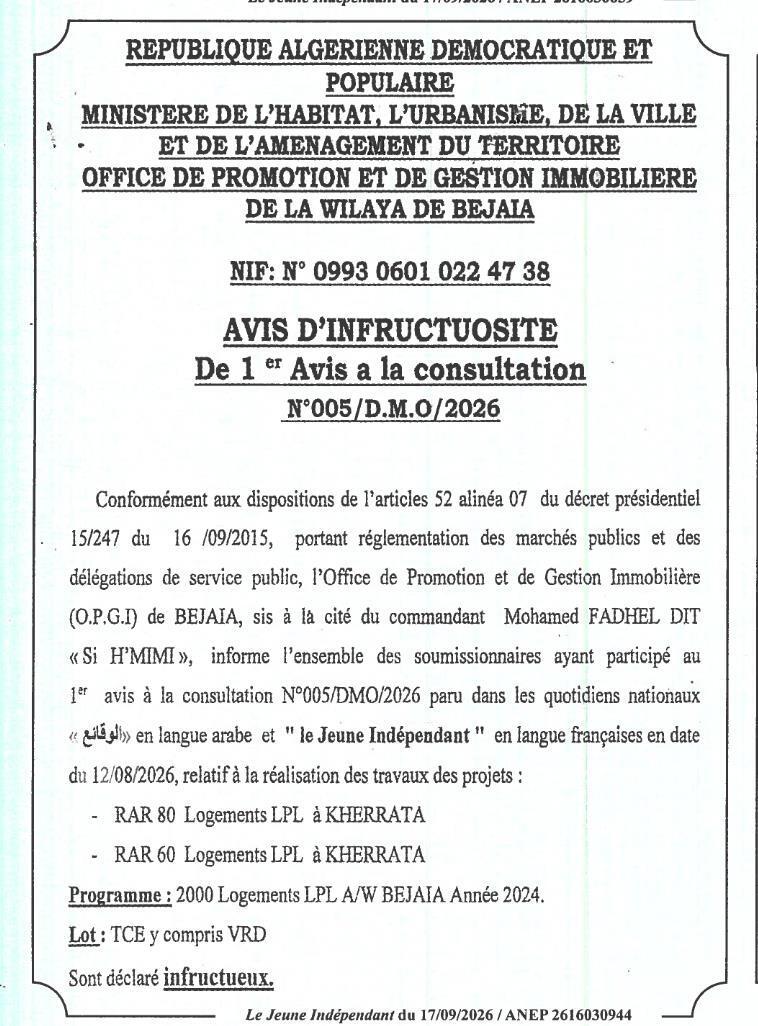 Avis d'infructuosité pour la réalisation de travaux de logements (RAR 80 et RAR 60) à Kherrata