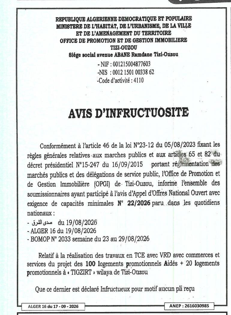 Avis d'infructuosité relatif à la réalisation de travaux de construction de logements