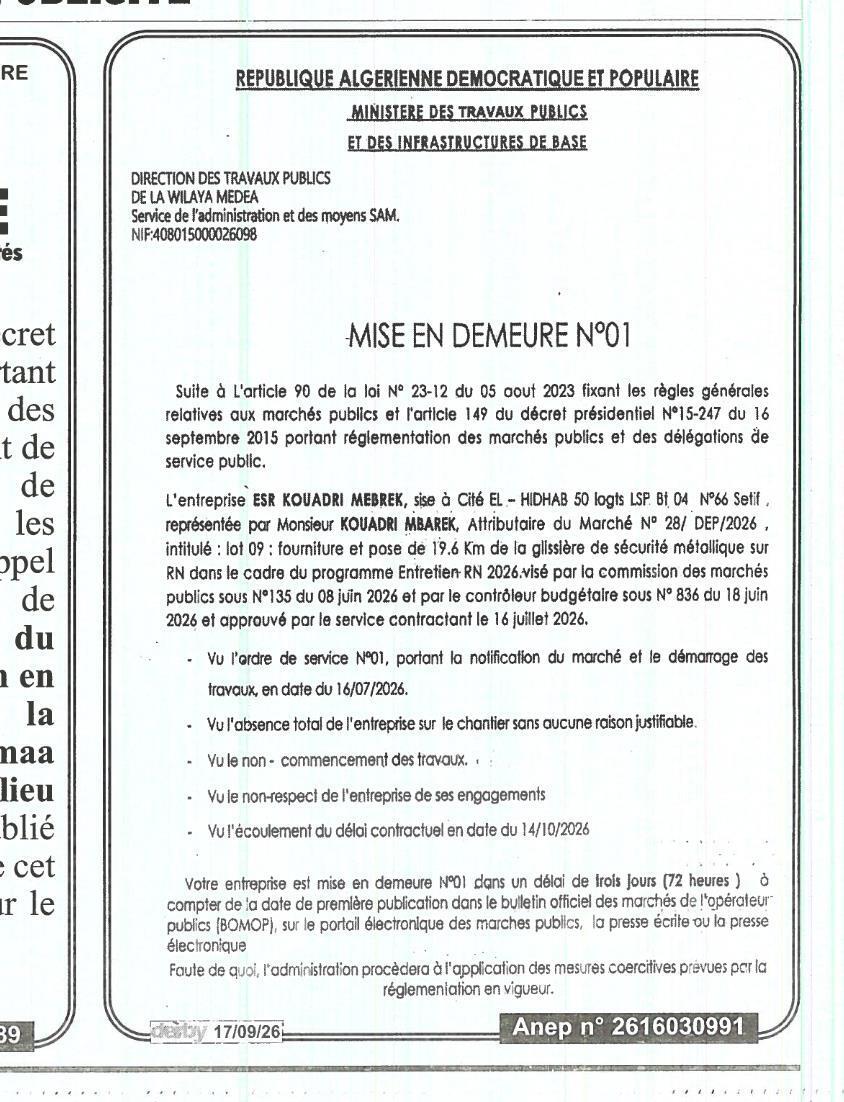 Mise en demeure relative à la fourniture et pose de glissières de sécurité métalliques sur RN