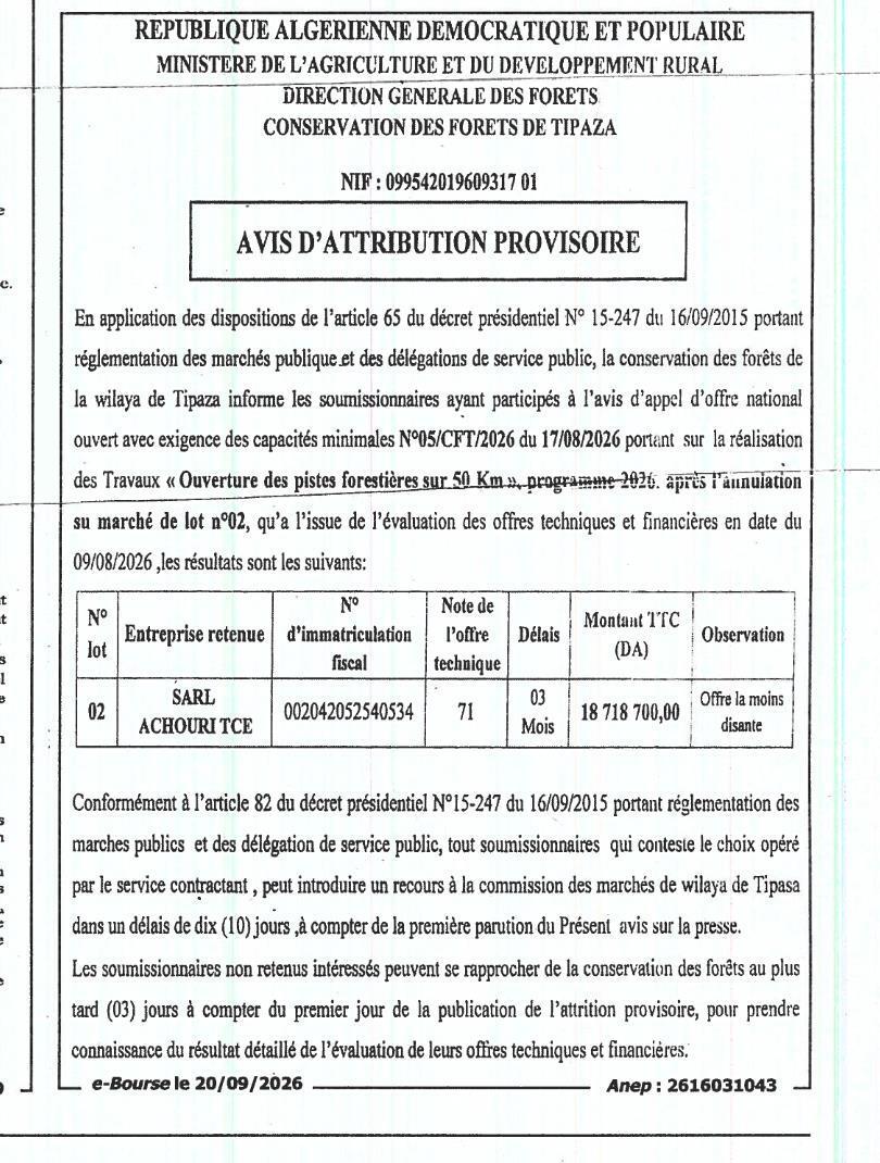 Avis d'attribution provisoire des travaux d'ouverture de pistes forestières sur 50 km