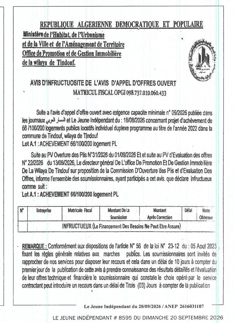 إعلان عن عدم جدوى الإعلان عن طلب عروض مفتوح رقم 09/2026