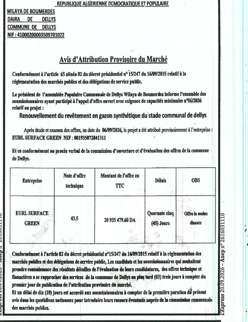Attribution provisoire du marché pour le renouvellement du revêtement en gazon synthétique du stade communal de Dellys
