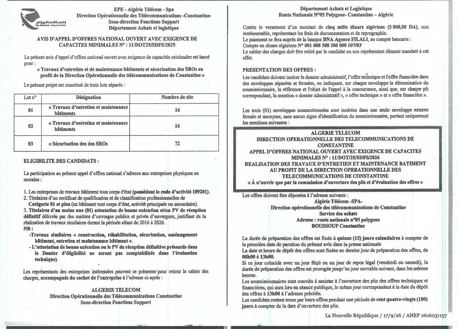 Travaux d'entretien et de maintenance bâtiments et sécurisation des SROs