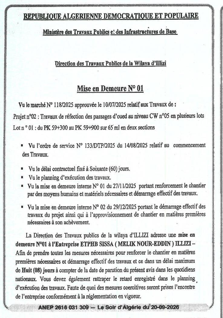 Mise en demeure relative aux travaux de réfection des passages d'oued au niveau CW n°05