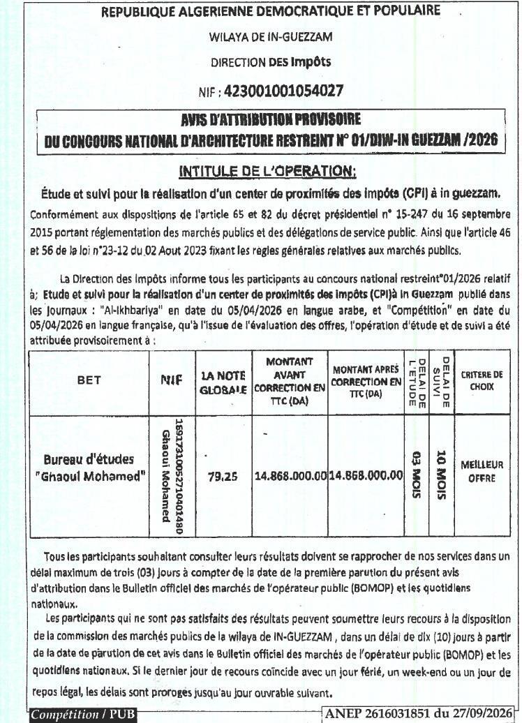 Attribution provisoire des études pour la réalisation d'un centre de proximité des impôts (CPI) à In Guezzam