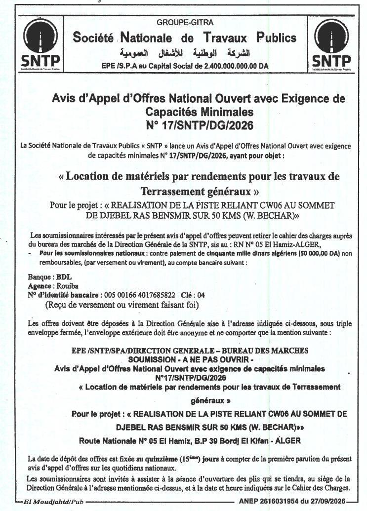 Location de matériels par rendements pour les travaux de terrassement généraux (Projet : Réalisation de la piste reliant CW06 au sommet de Djebel Ras Bensmir sur 50 km, Wilaya de Béchar)