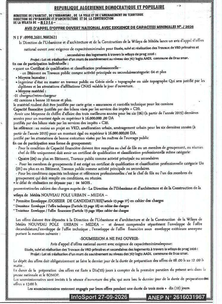 Étude, suivi et réalisation des travaux de VRD primaires et secondaires pour 767 logements (lot 06) à Draa Smar (Médéa)