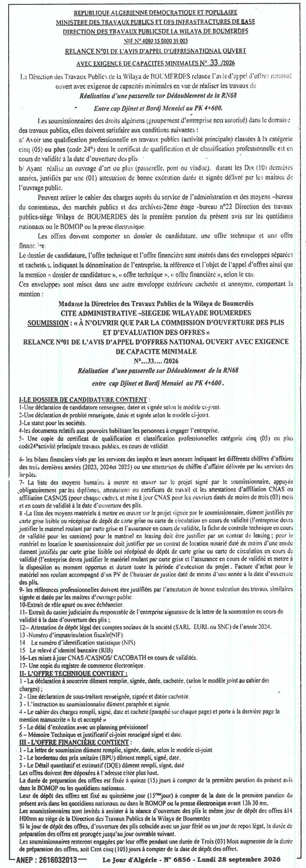 Relance de l'avis d'appel d'offres national ouvert pour la réalisation d'une passerelle sur le dédoublement de la RN68