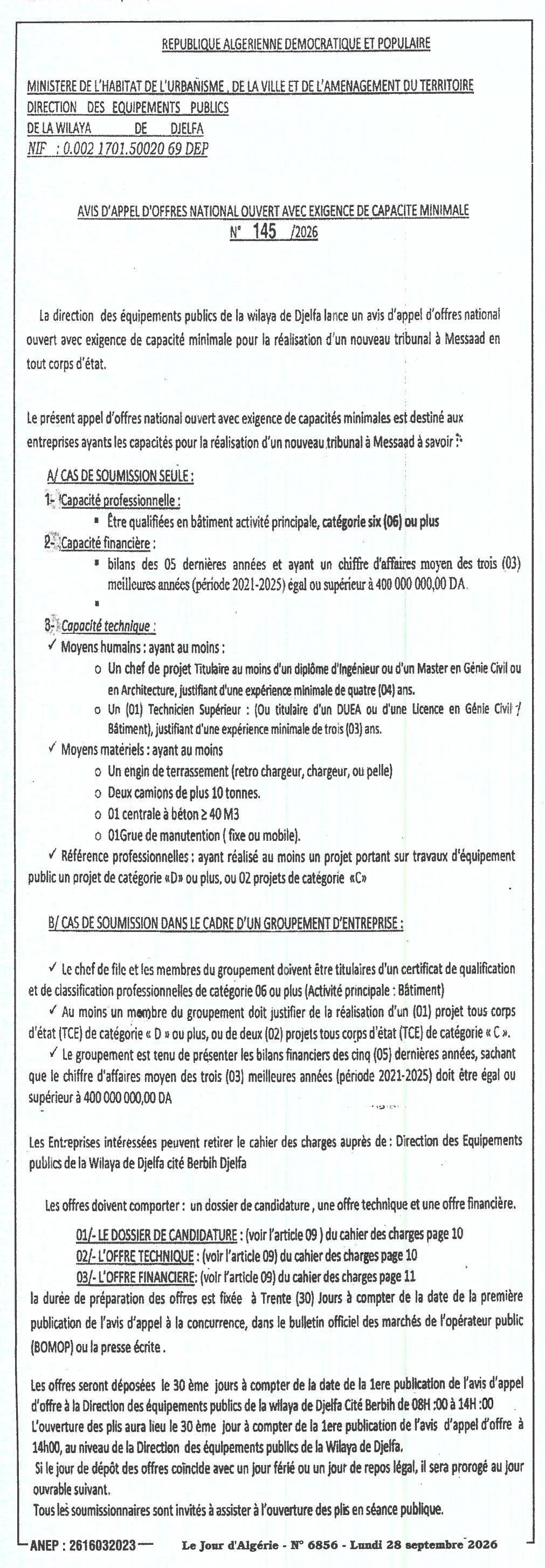 Construction d'un nouveau tribunal à Messaad (tous corps d'état)