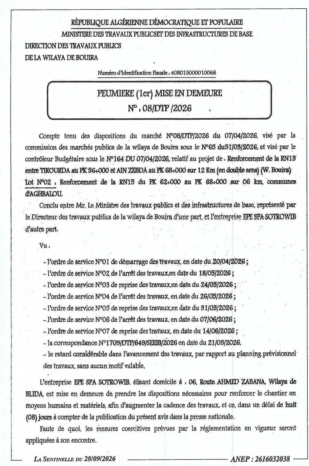 Mise en demeure pour retard dans l'avancement des travaux de renforcement de la RN15 (Lot 02)