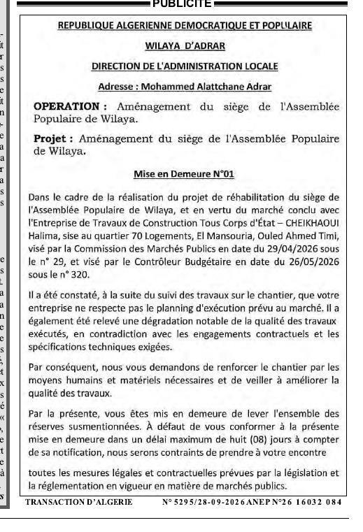 Mise en demeure pour non-respect du planning et dégradation de la qualité des travaux