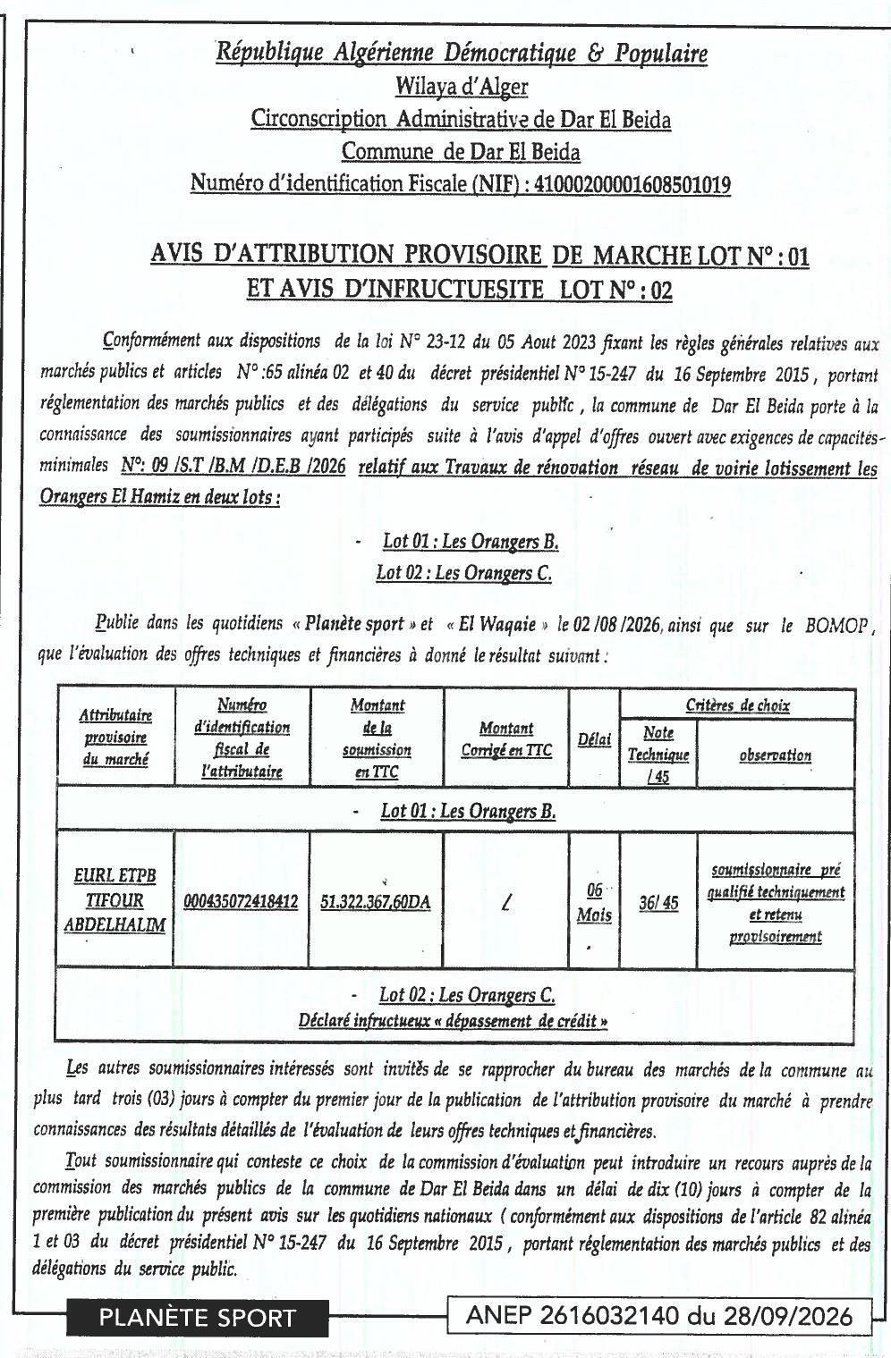 Attribution provisoire du lot 01 et infructuosité du lot 02 – Travaux de rénovation réseau de voirie (Les Orangers El Hamiz)