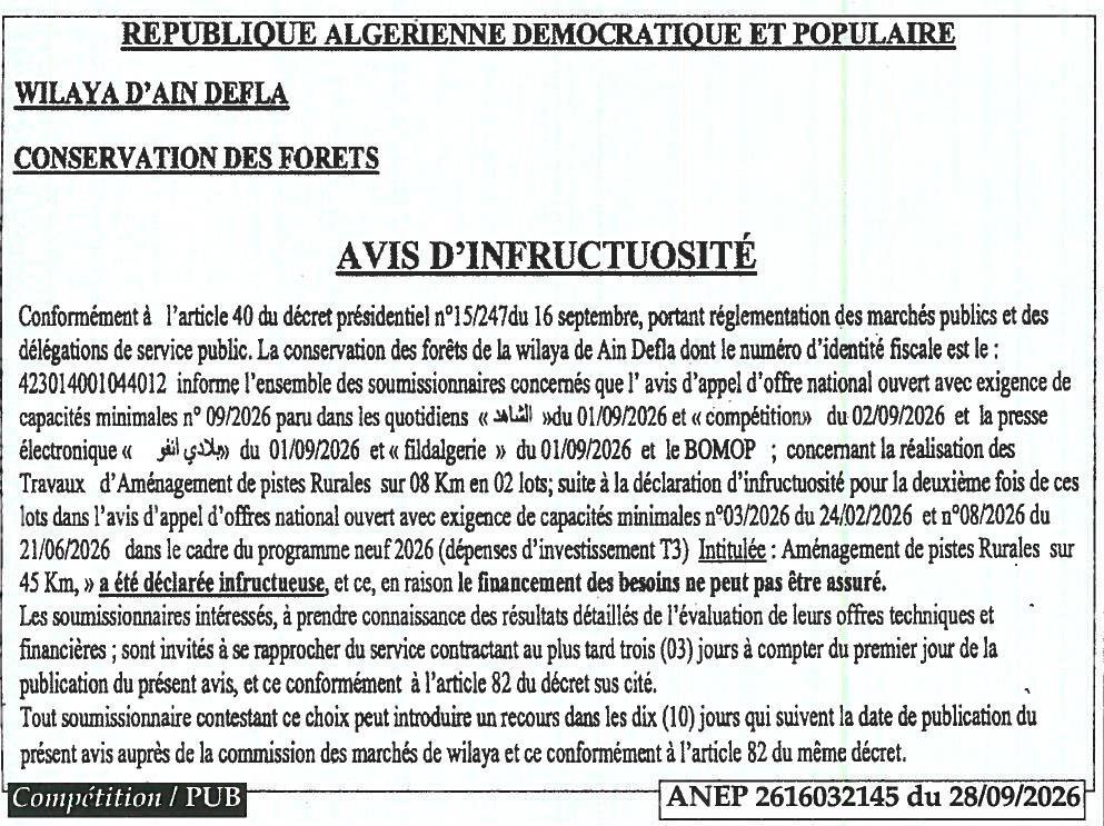 Déclaration d'infructuosité des travaux d'aménagement de pistes rurales (08 km en 2 lots)