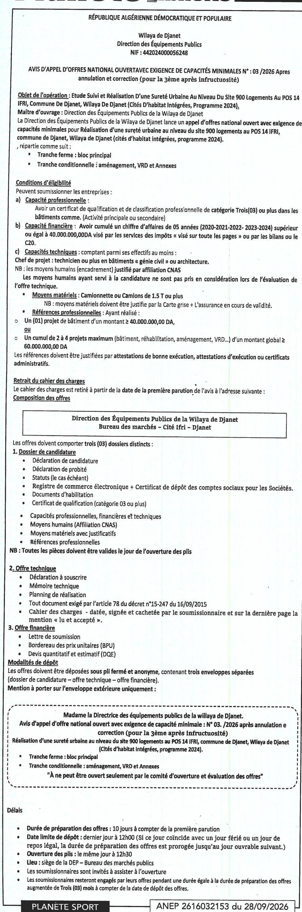 Étude, suivi et réalisation d'une sûreté urbaine pour 900 logements au POS 14 IFRI, commune de Djanet