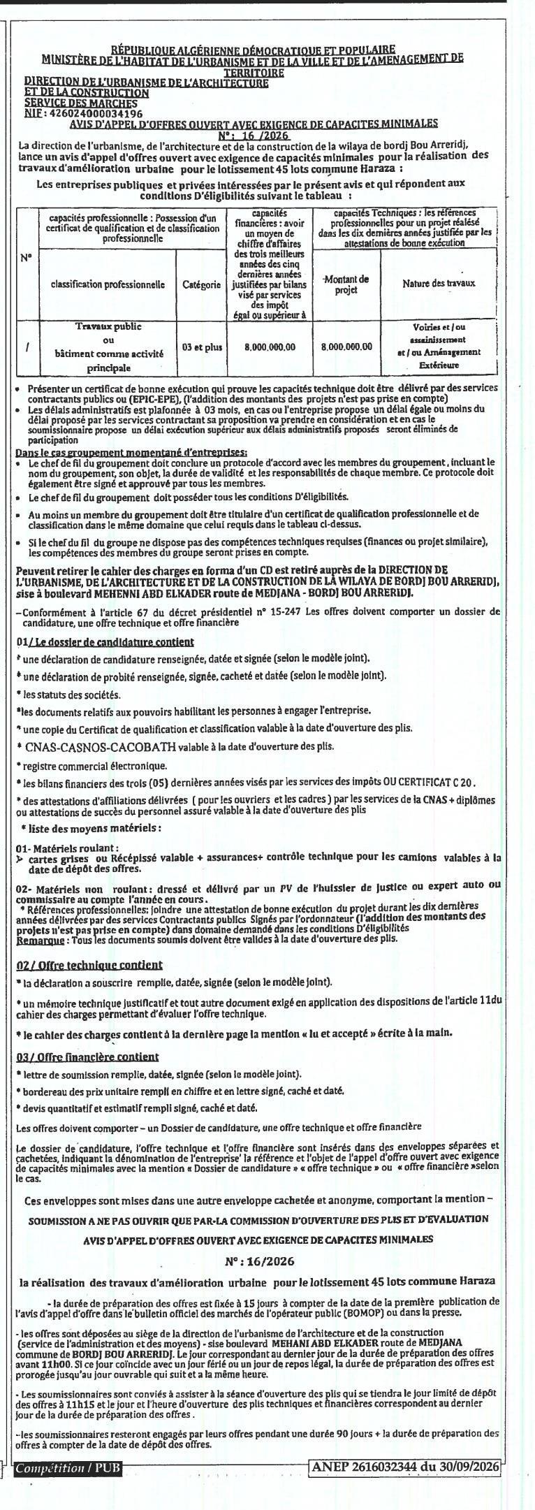 Travaux d'amélioration urbaine pour le lotissement de 45 lots à Haraza