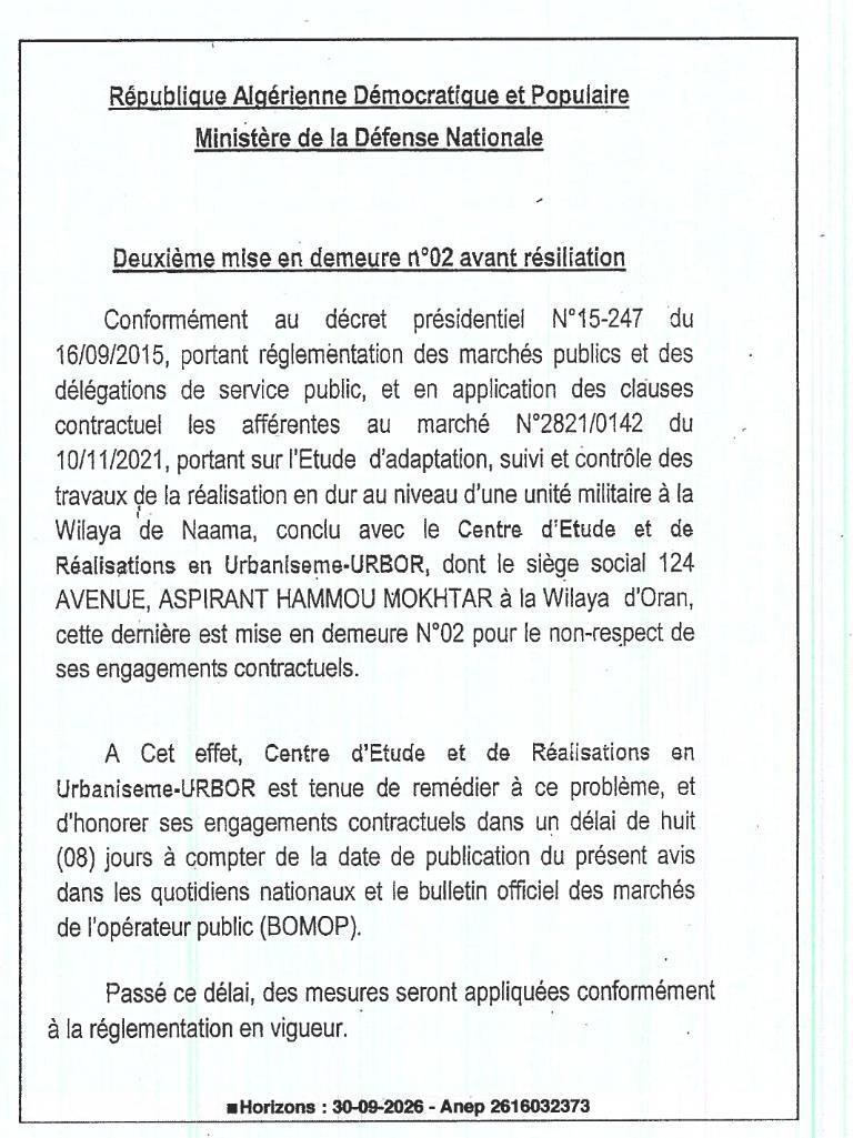 Mise en demeure pour non-respect des engagements contractuels - Étude d'adaptation et suivi des travaux d'une unité militaire (Wilaya de Naâma)