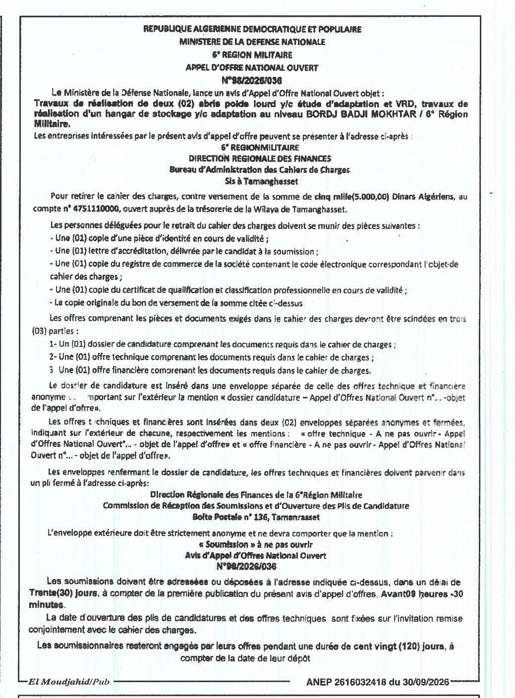 Travaux de réalisation de deux abris poids lourds, étude d'adaptation, VRD et hangar de stockage à Bordj Badji Mokhtar