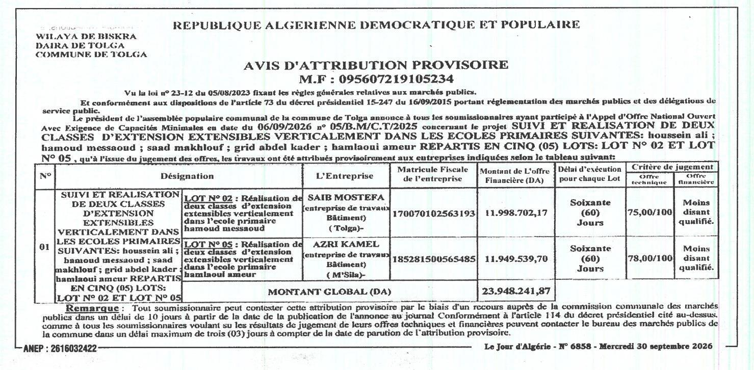 Attribution provisoire des travaux de suivi et réalisation de deux classes d'extension extensibles verticalement dans cinq écoles primaires (lots 02 et 05)