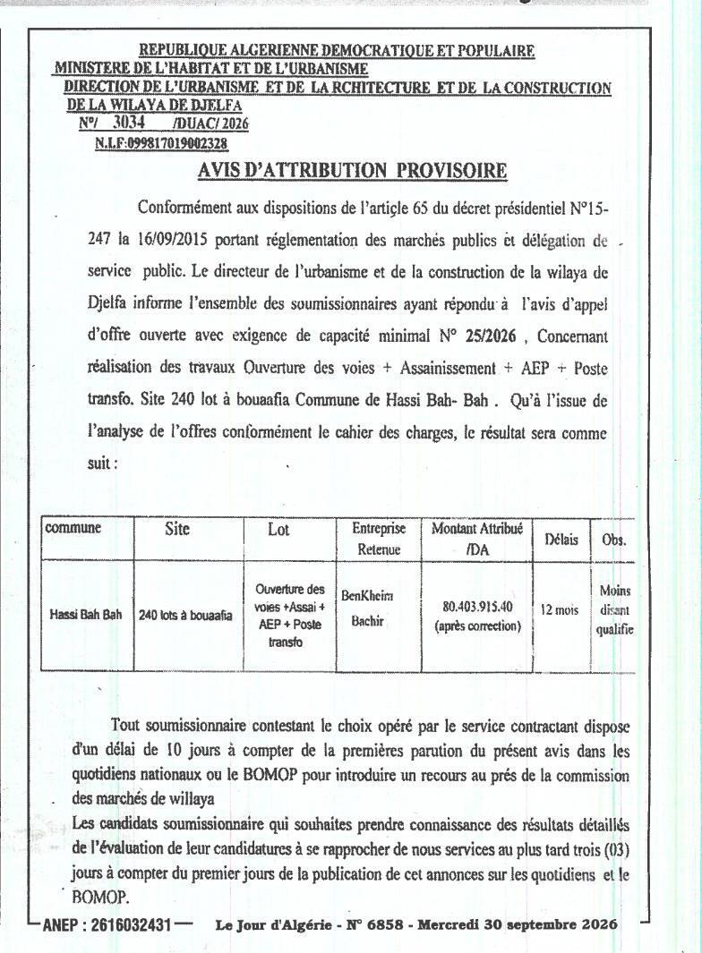 Attribution provisoire des travaux d'ouverture des voies, assainissement, AEP et poste de transformation (240 lots à Bouaafia)
