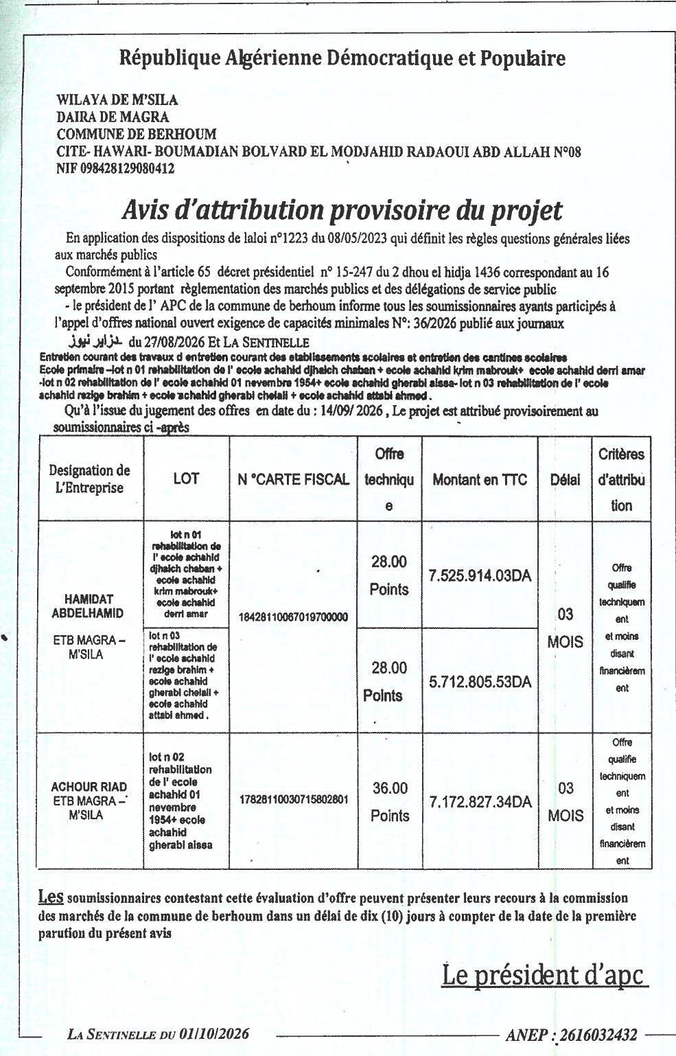 Attribution provisoire des travaux de réhabilitation et entretien des écoles primaires à Berhoum
