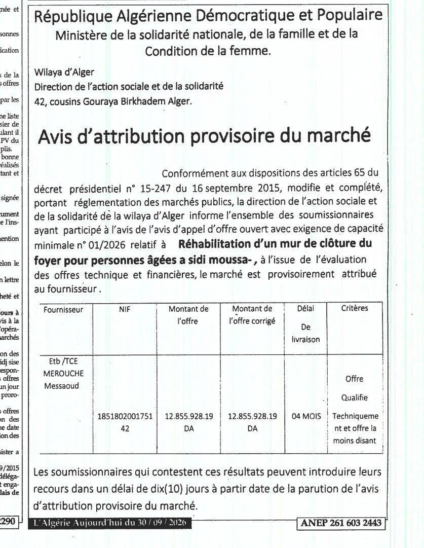 Attribution provisoire des travaux de réhabilitation d'un mur de clôture pour un foyer de personnes âgées