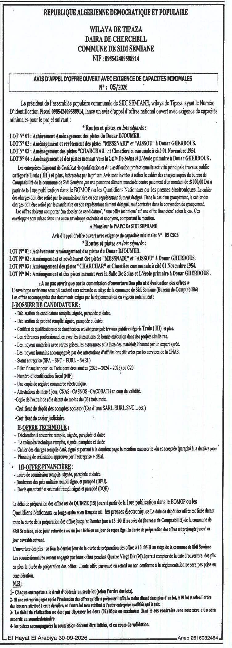 Aménagement et revêtement de pistes rurales (4 lots) à Sidi Semiane