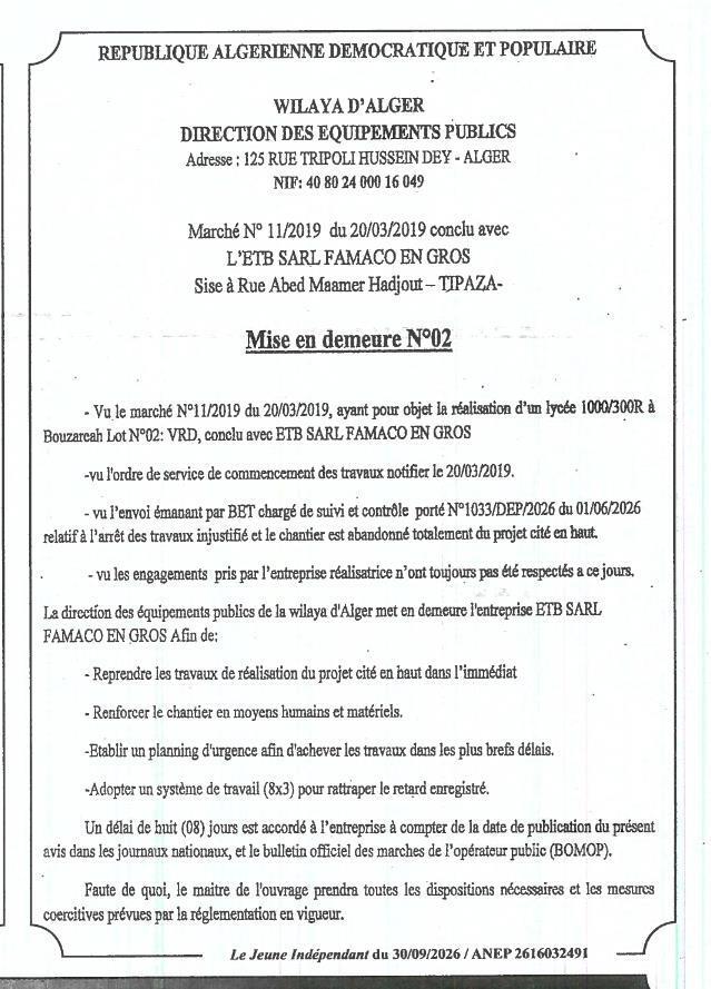 Mise en demeure pour reprise immédiate des travaux du lycée 1000/300R à Bouzareah (Lot N°02 : VRD)