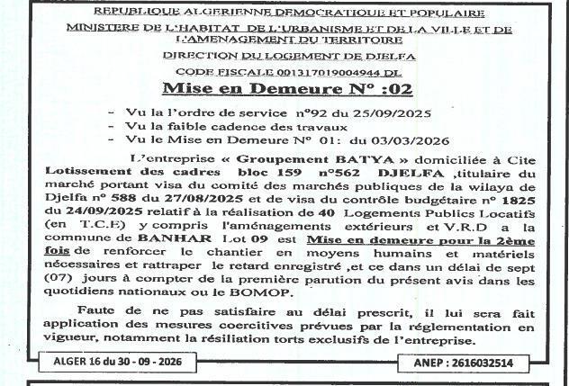 Mise en demeure pour retard dans l'exécution de travaux de 40 logements publics locatifs à Banhar (Lot 09)