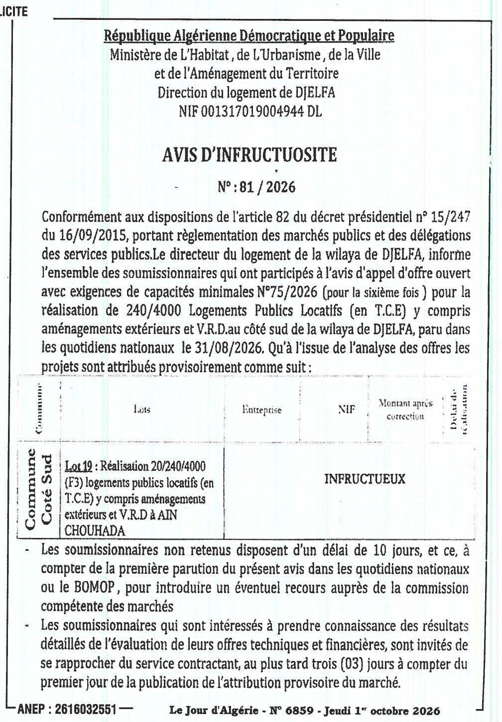 Avis d'infructuosité pour la réalisation de 240 logements publics locatifs (TCE) côté sud de la wilaya de Djelfa