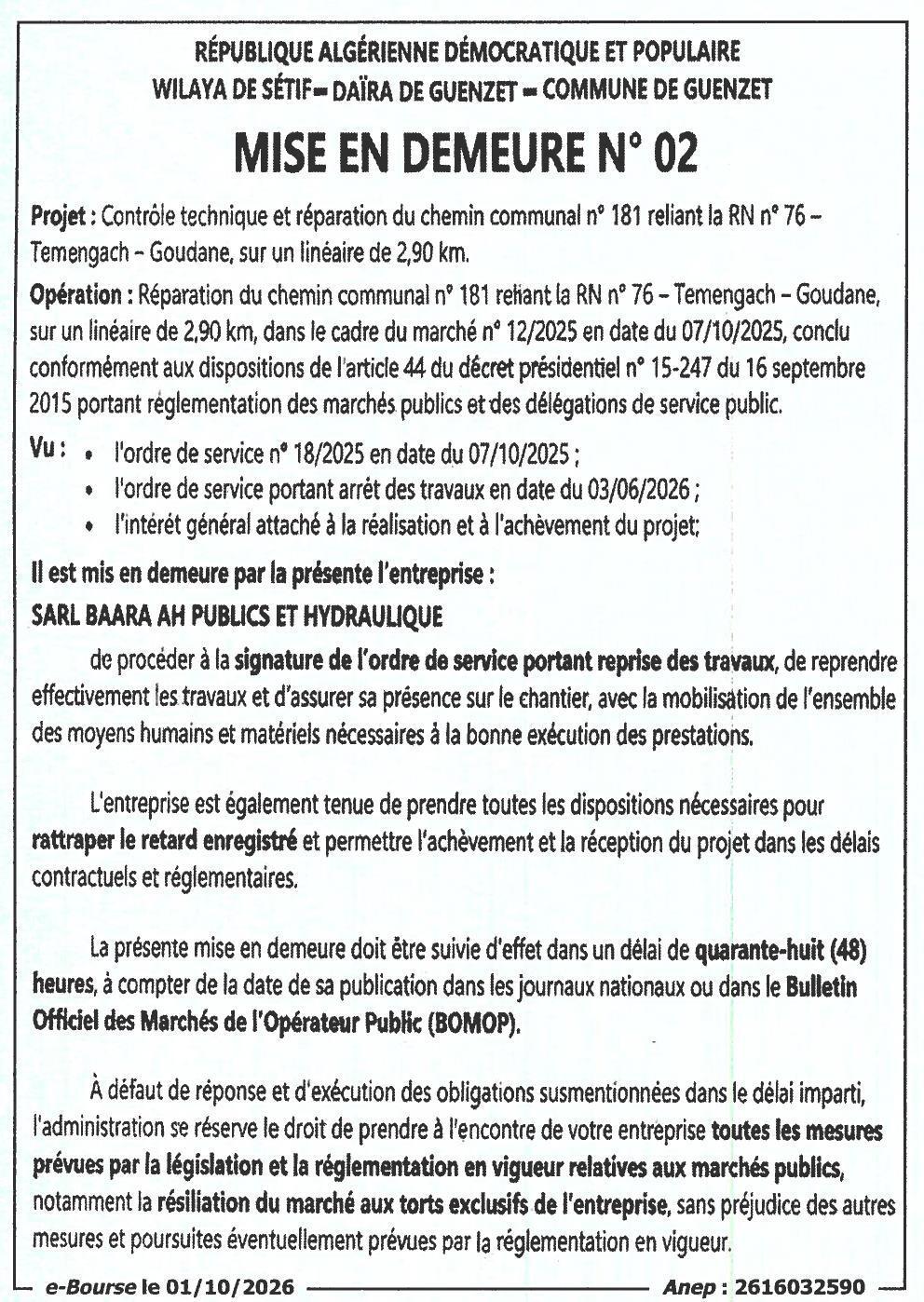 Attribution provisoire des travaux d'étude et suivi de la réalisation de 2500 logements location-vente (site 06) à El Affroun