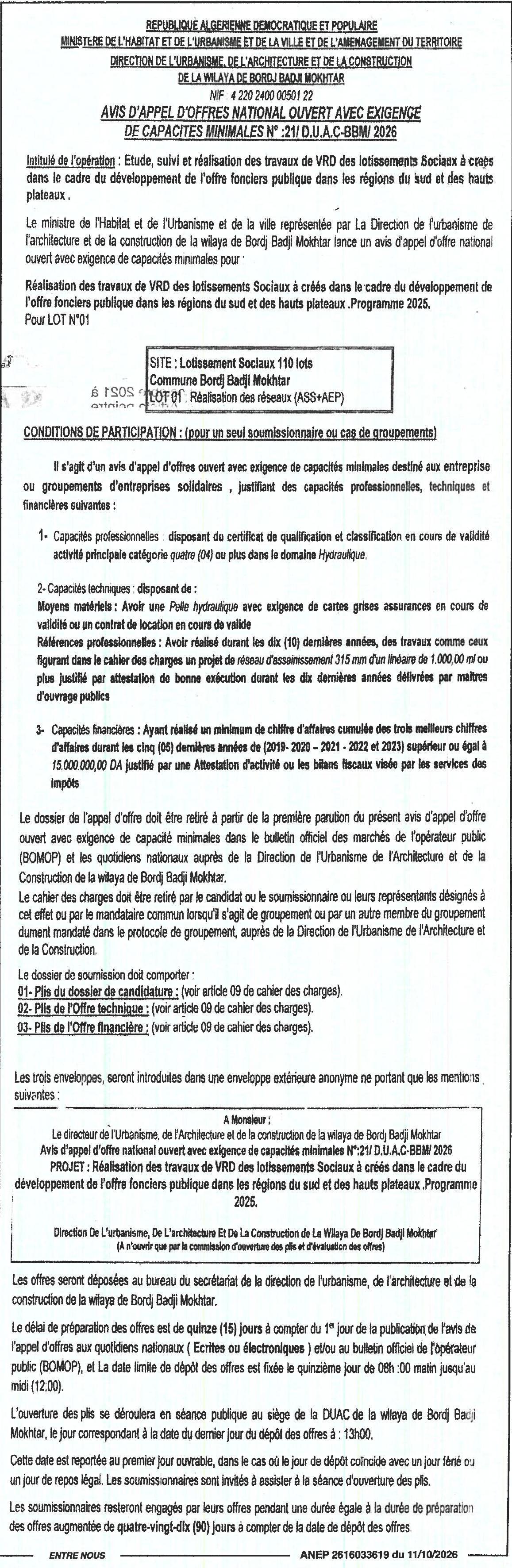 Étude, suivi et réalisation des travaux de VRD des lotissements sociaux à Bordj Badji Mokhtar