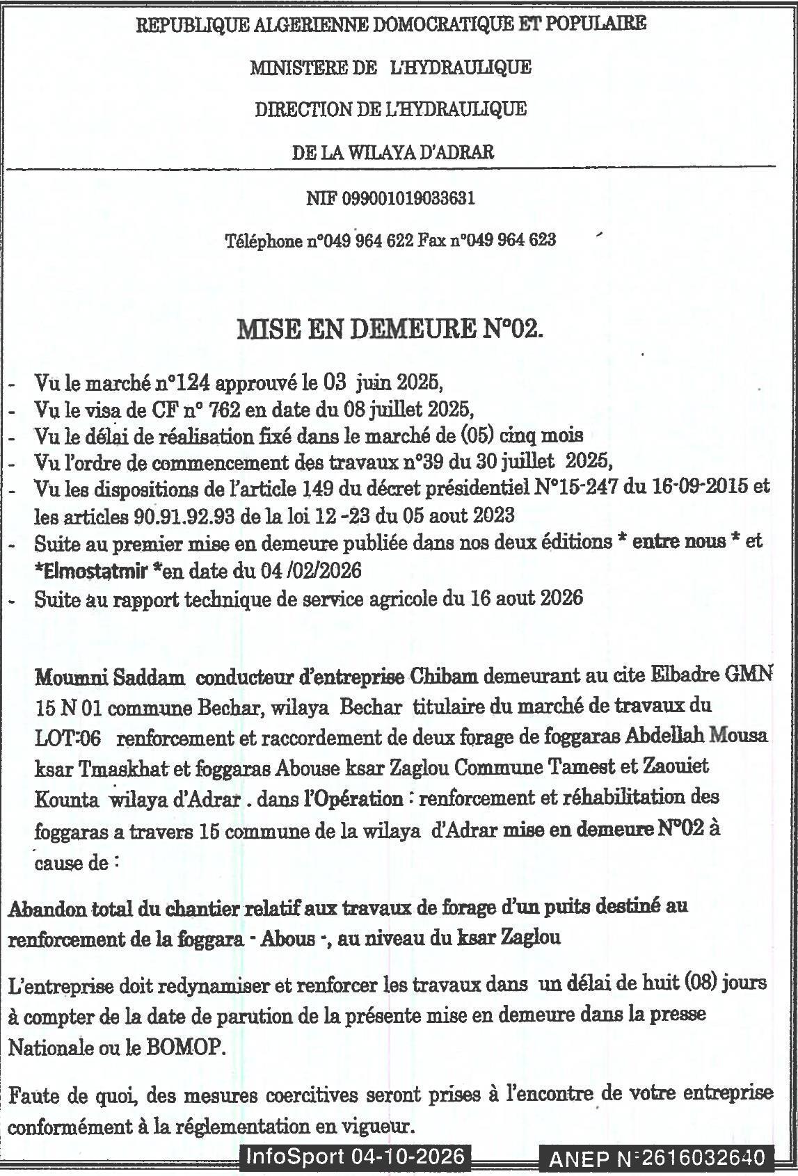 Mise en demeure pour abandon de chantier de renforcement de foggaras