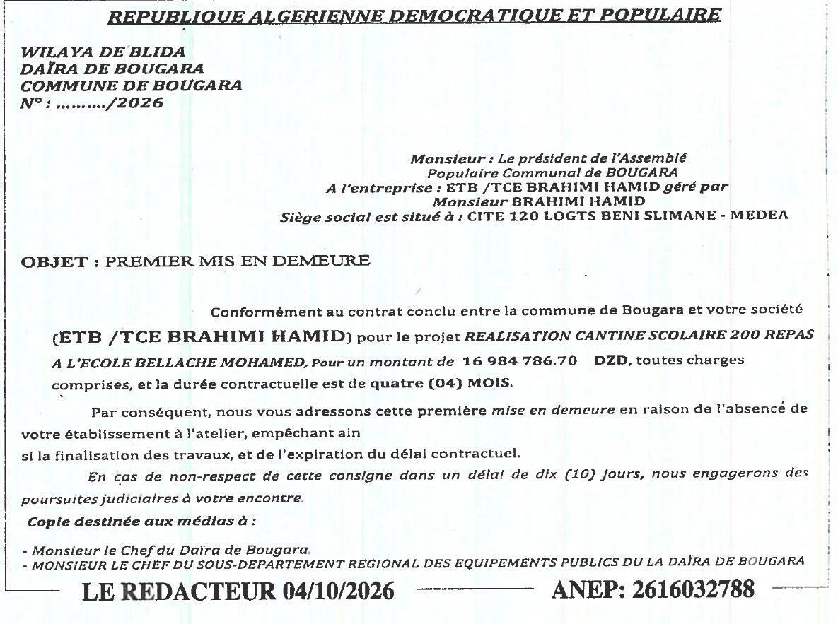 Mise en demeure pour non-respect du contrat de réalisation d'une cantine scolaire