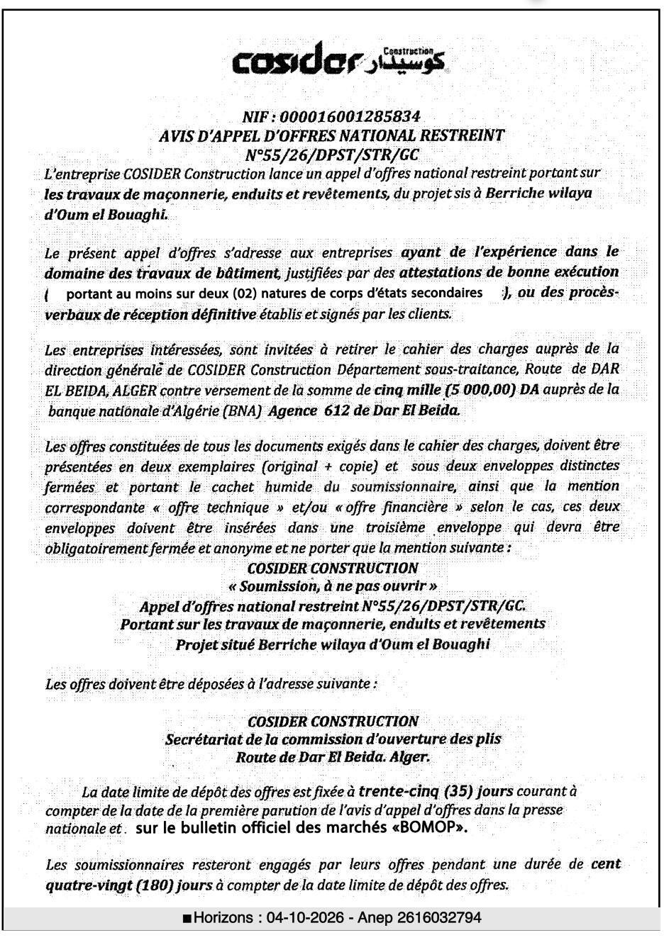 Travaux de maçonnerie, enduits et revêtements à Berriche (Wilaya d'Oum el Bouaghi)