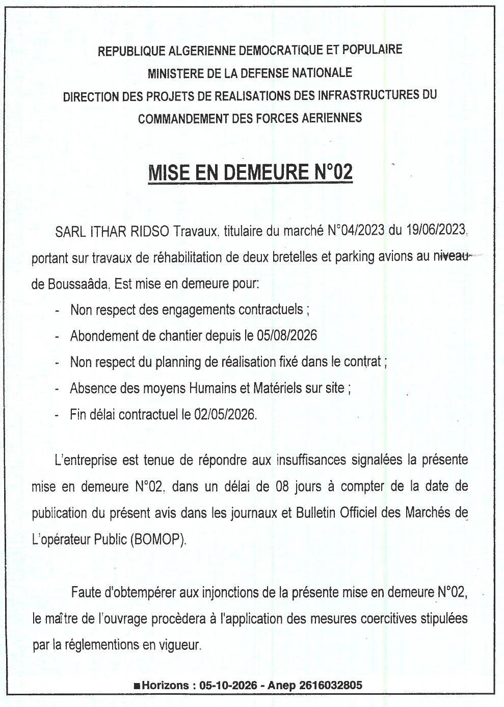 Mise en demeure pour non-respect des engagements contractuels (travaux de réhabilitation de bretelles et parking avions à Boussaâda)