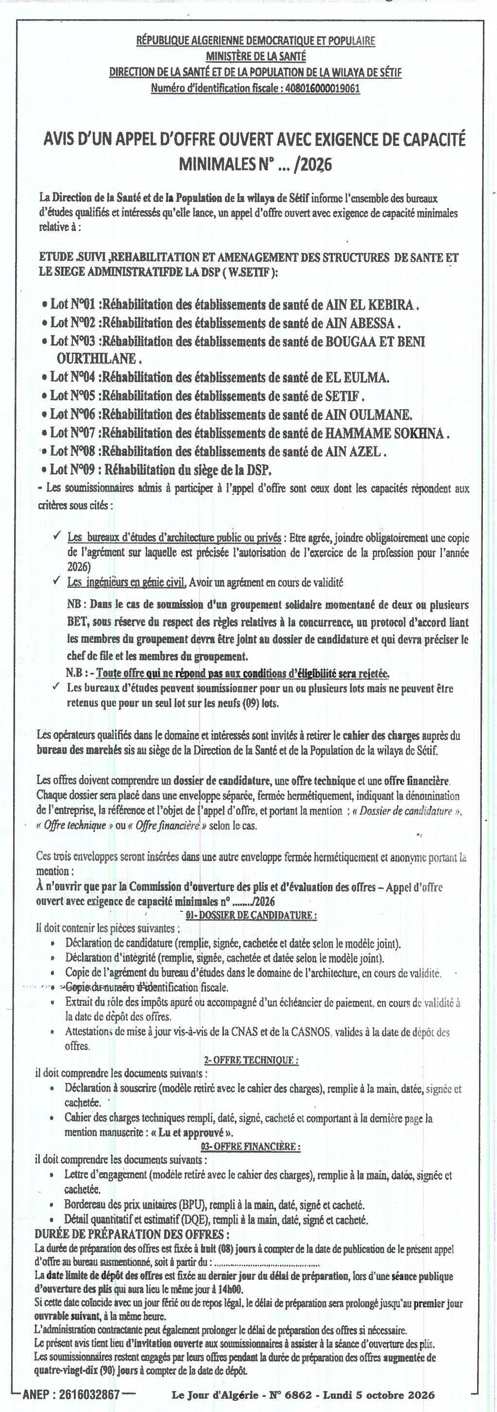 Étude, suivi, réhabilitation et aménagement des structures de santé et du siège administratif de la DSP de Sétif (9 lots)