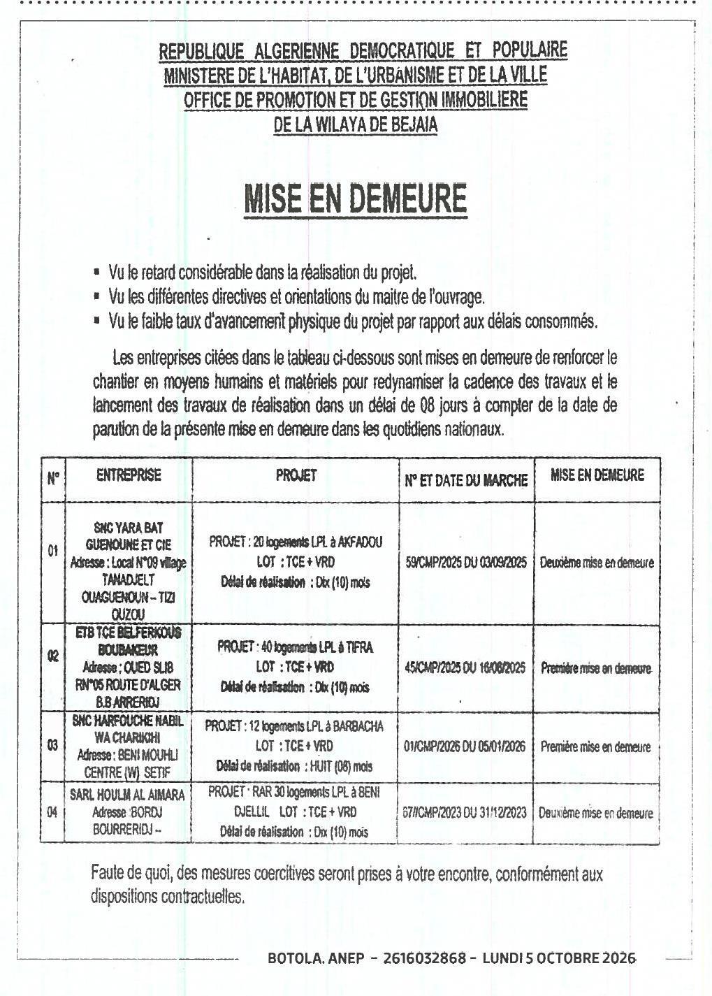 Mise en demeure pour retard dans l'exécution de projets de logements LPL