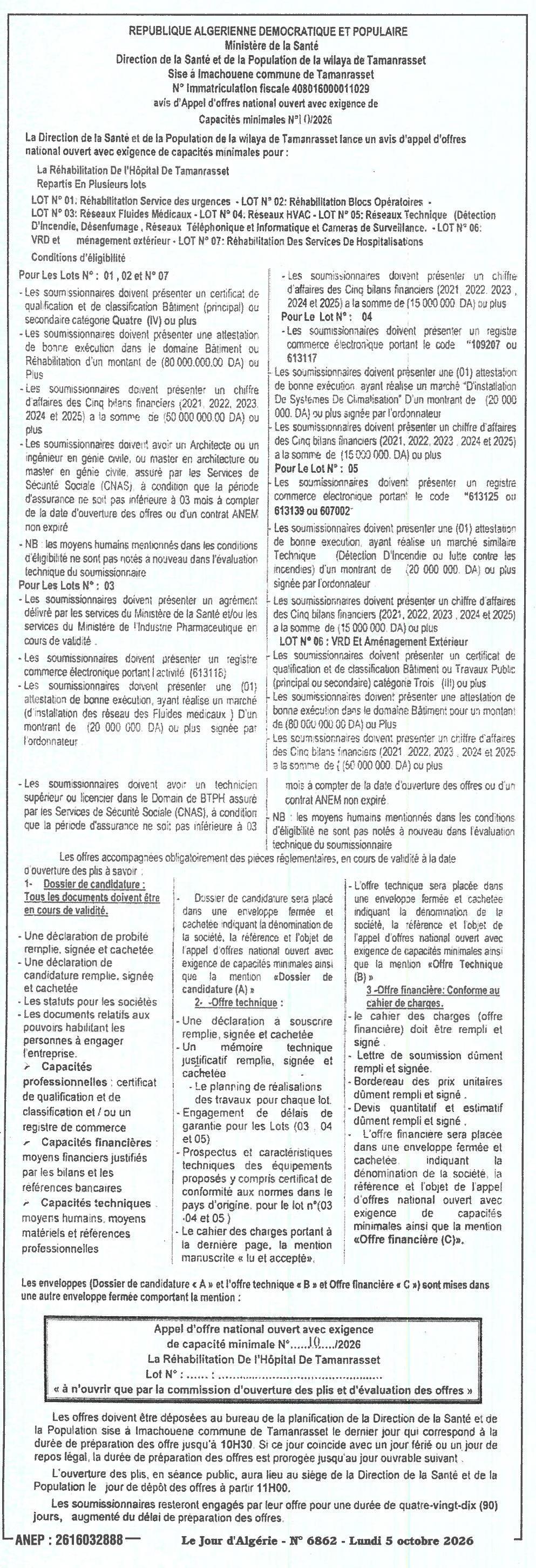 Réhabilitation de l'hôpital de Tamanrasset (7 lots)