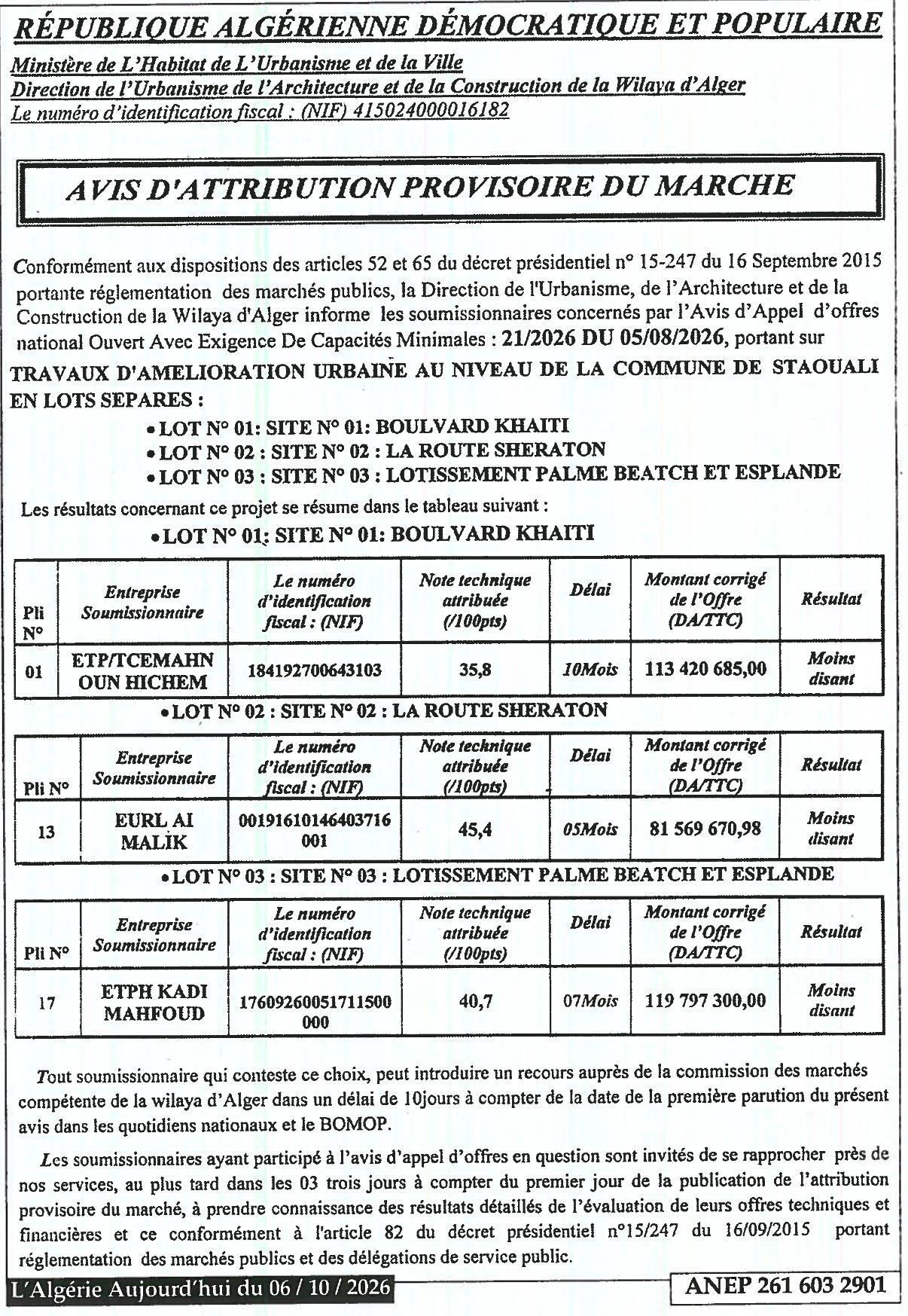 Travaux d’amélioration urbaine à Staouéli (lots séparés)