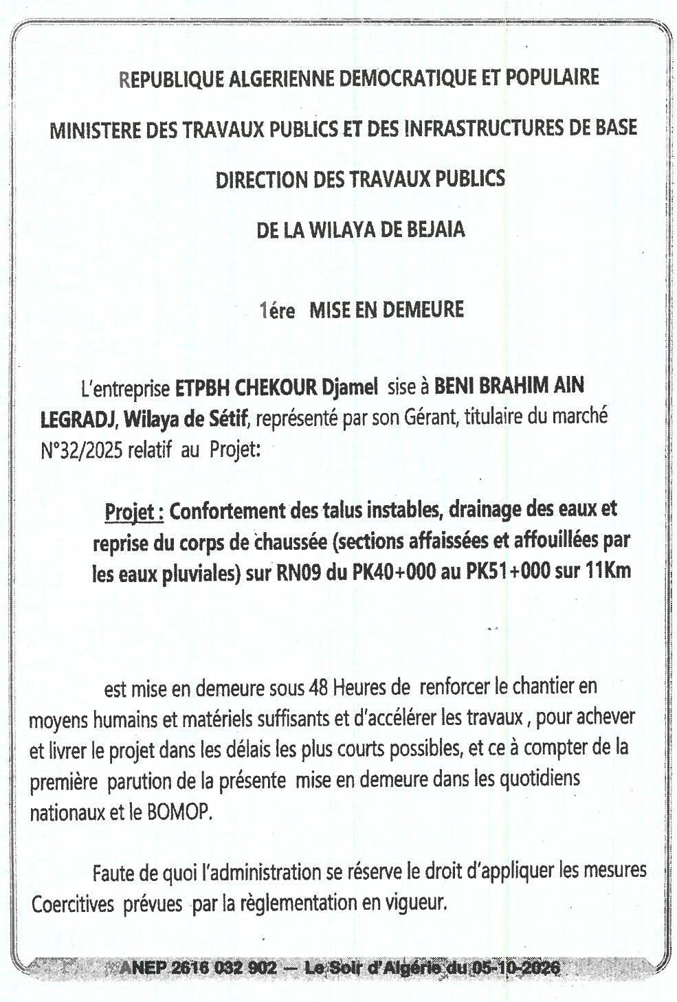 Mise en demeure pour non-respect des délais de travaux sur la RN09 (PK40+000 au PK51+000)