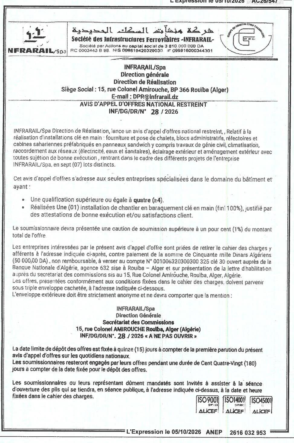 Fourniture et pose de chalets, blocs administratifs et infrastructures préfabriqués pour INFRARAIL/Spa (7 lots)