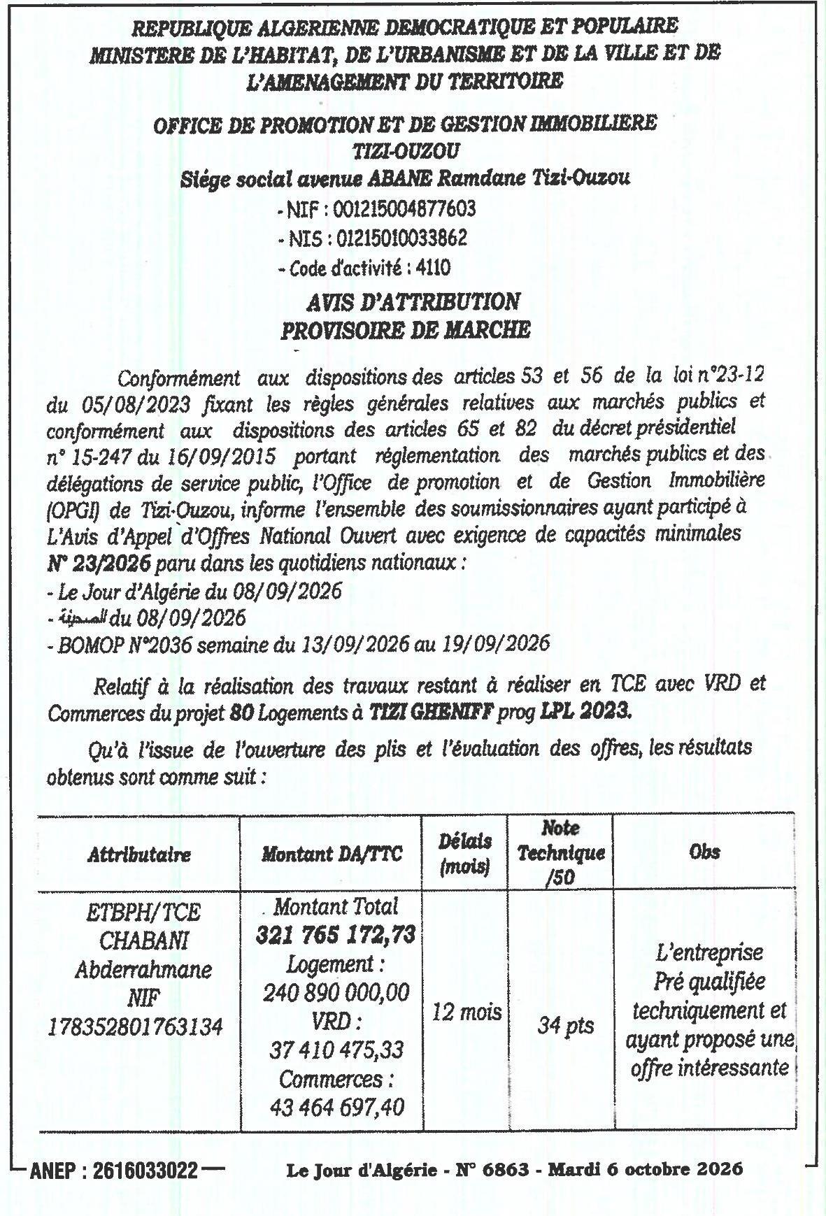 Attribution provisoire des travaux restant à réaliser en TCE avec VRD et commerces pour 80 logements à Tizi Gheniff