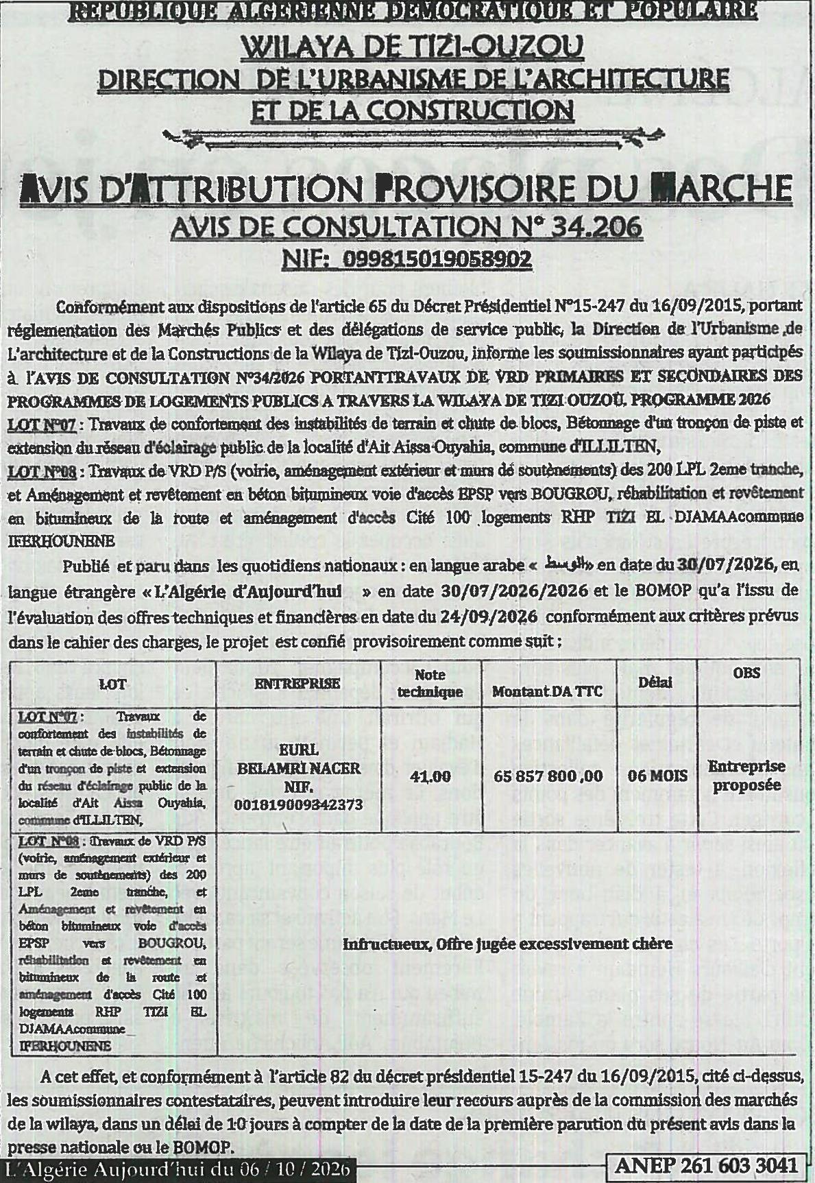 Attribution provisoire des travaux de VRD et confortement de terrain pour les programmes de logements publics à Tizi-Ouzou (lots 07 et 08)