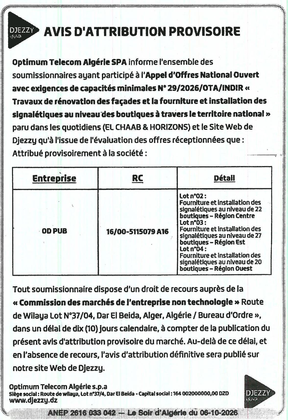 Attribution provisoire des travaux de rénovation des façades et fourniture/installation de signalétiques pour Djezzy
