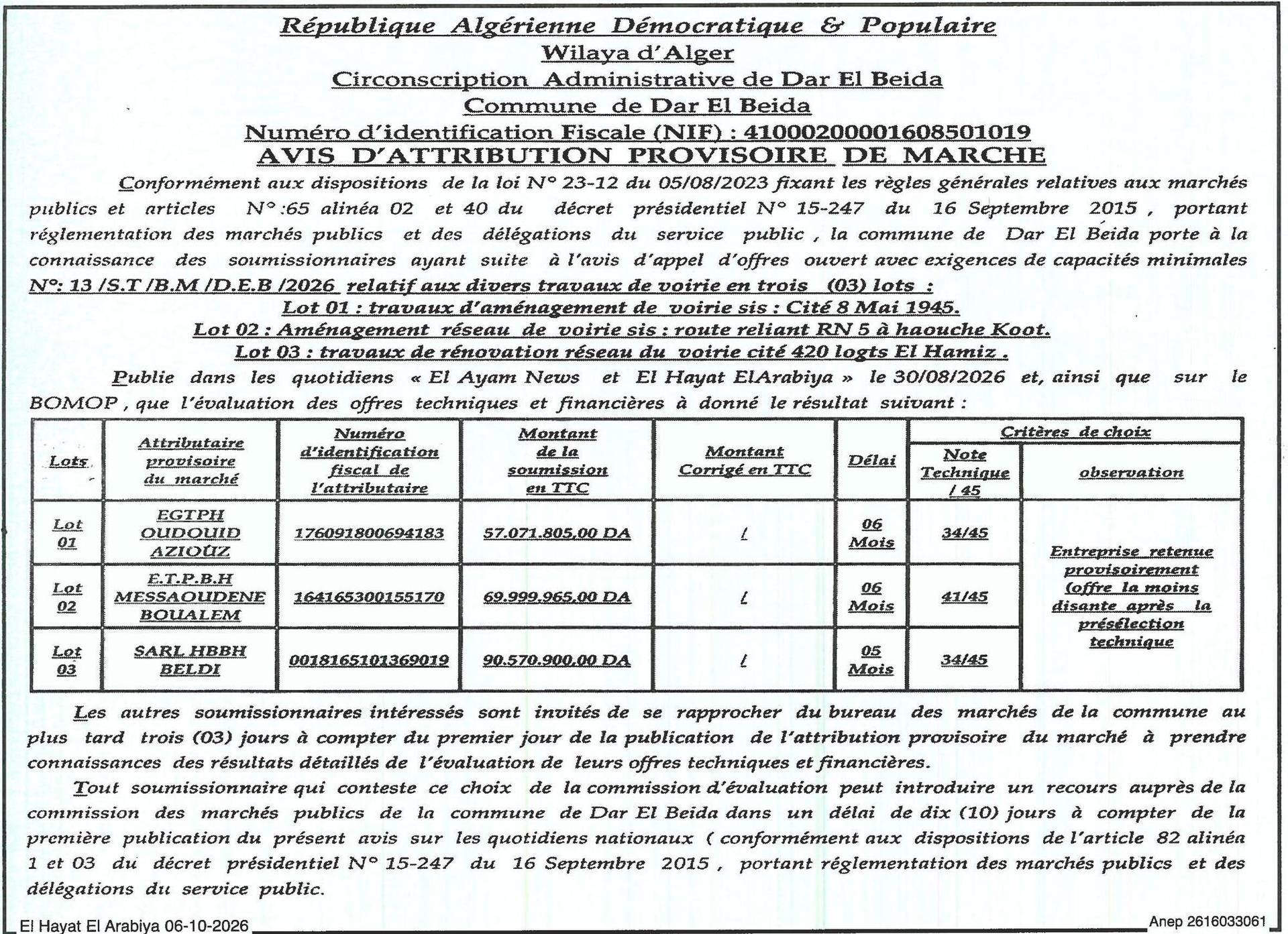 Attribution provisoire des travaux de voirie en trois lots (Cité 8 Mai 1945, RN 5 à Haouche Koot, Cité 420 Logts El Hamiz)